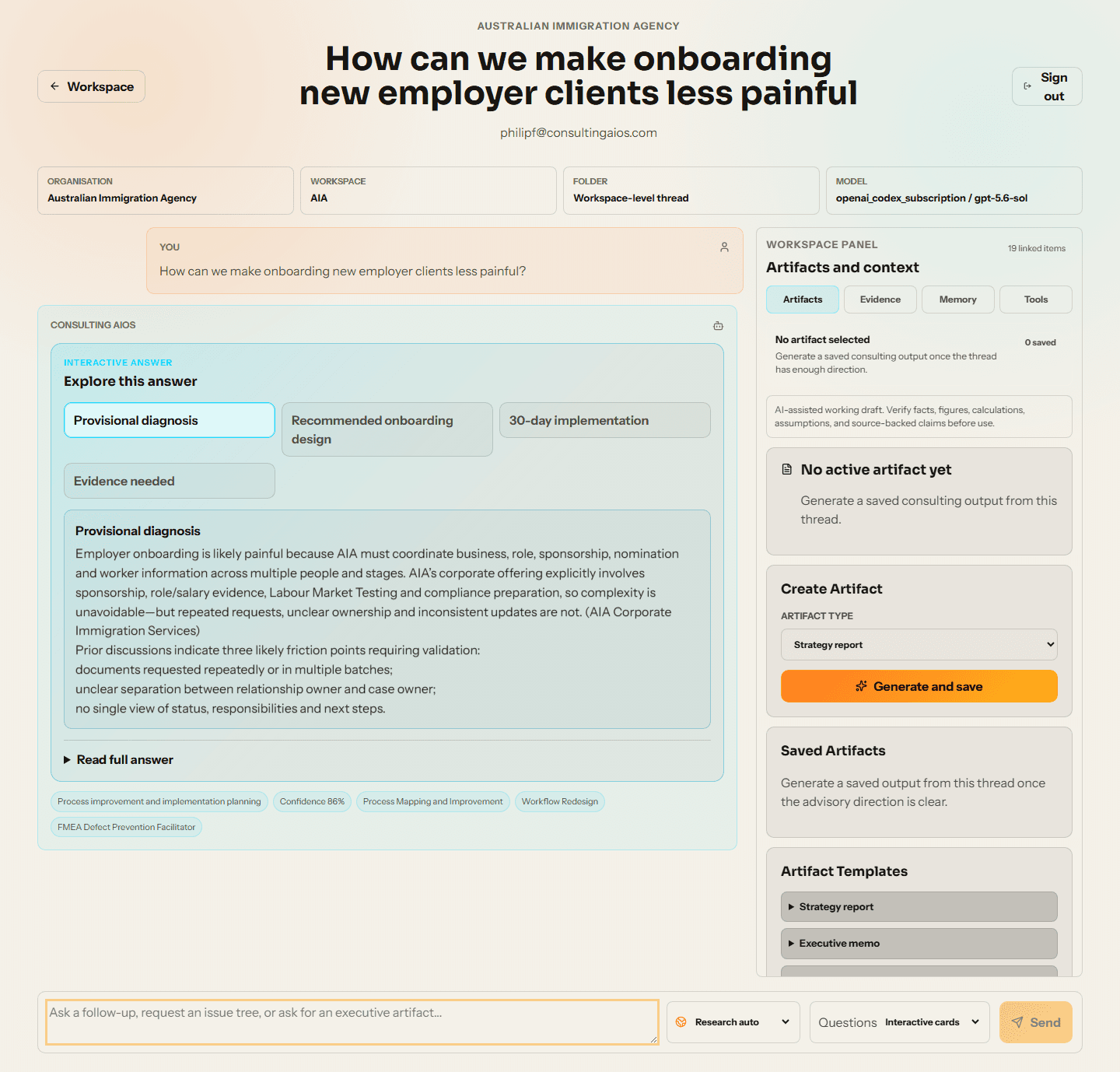 Consulting AIOS showing an interactive business diagnosis and implementation plan