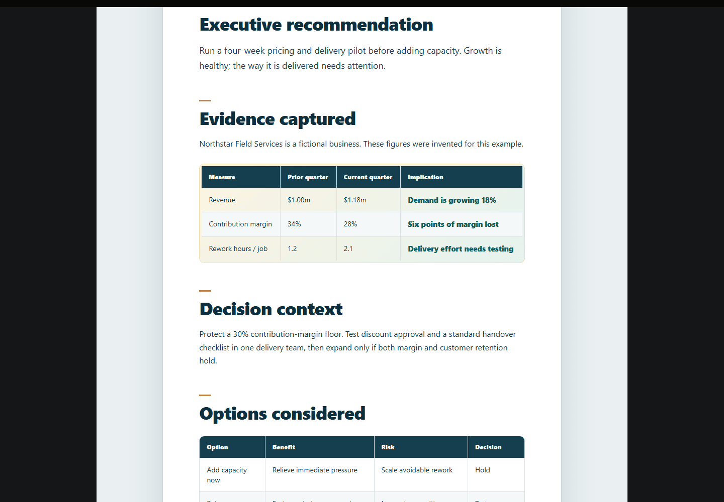 The HTML decision brief for the fictional Northstar scenario, with evidence and recommendation